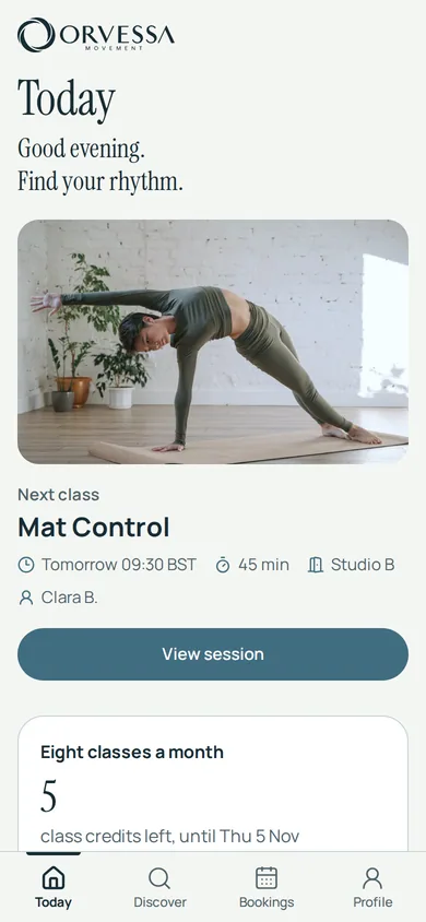 The ORVESSA app's Today screen: the next class, Mat Control tomorrow at 09:30 in Studio B, and the class credits left this month.
