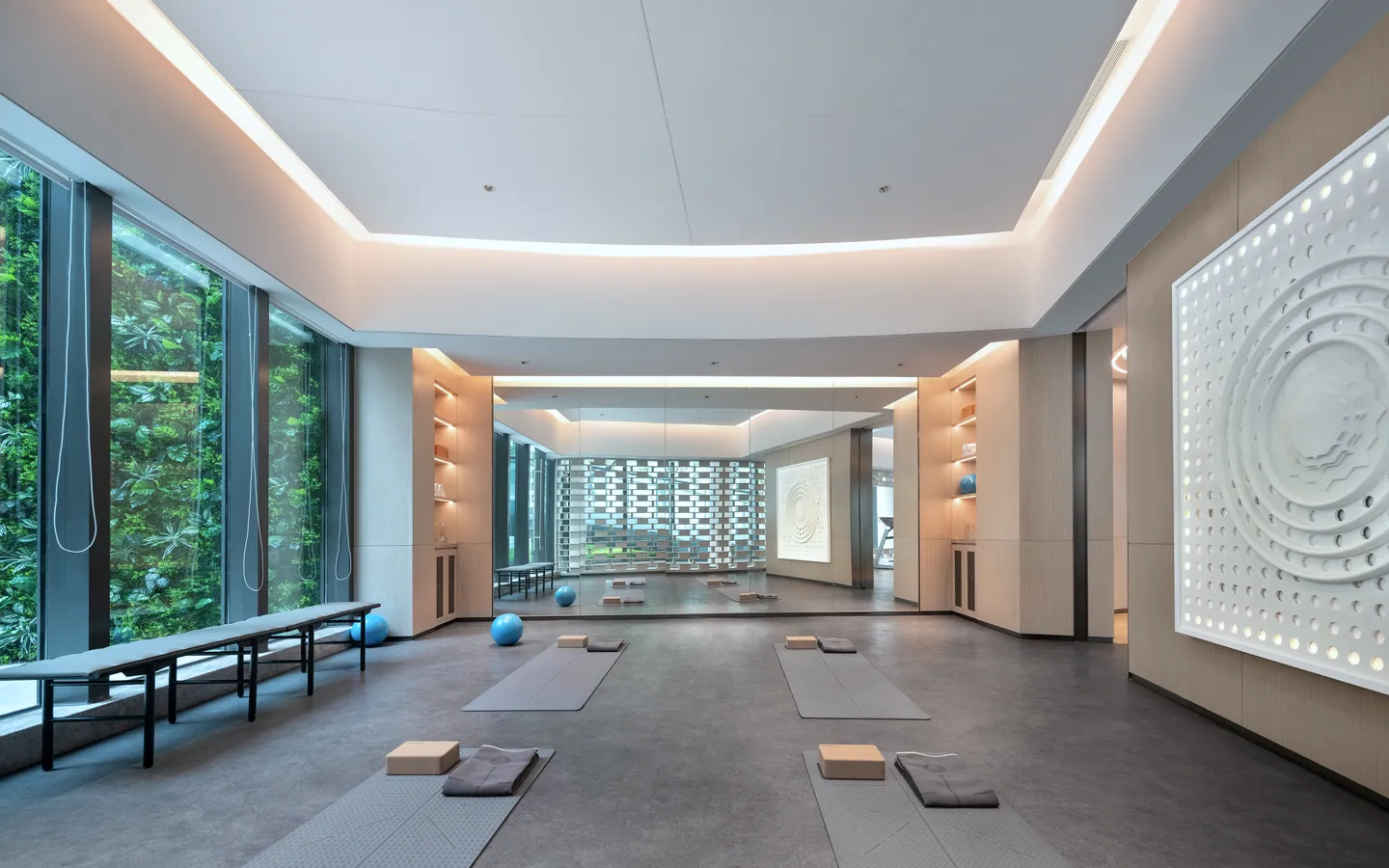 A wide movement hall with mats and blocks on a dark floor, a softly lit ceiling, a green plant wall and a window wall at the far end.