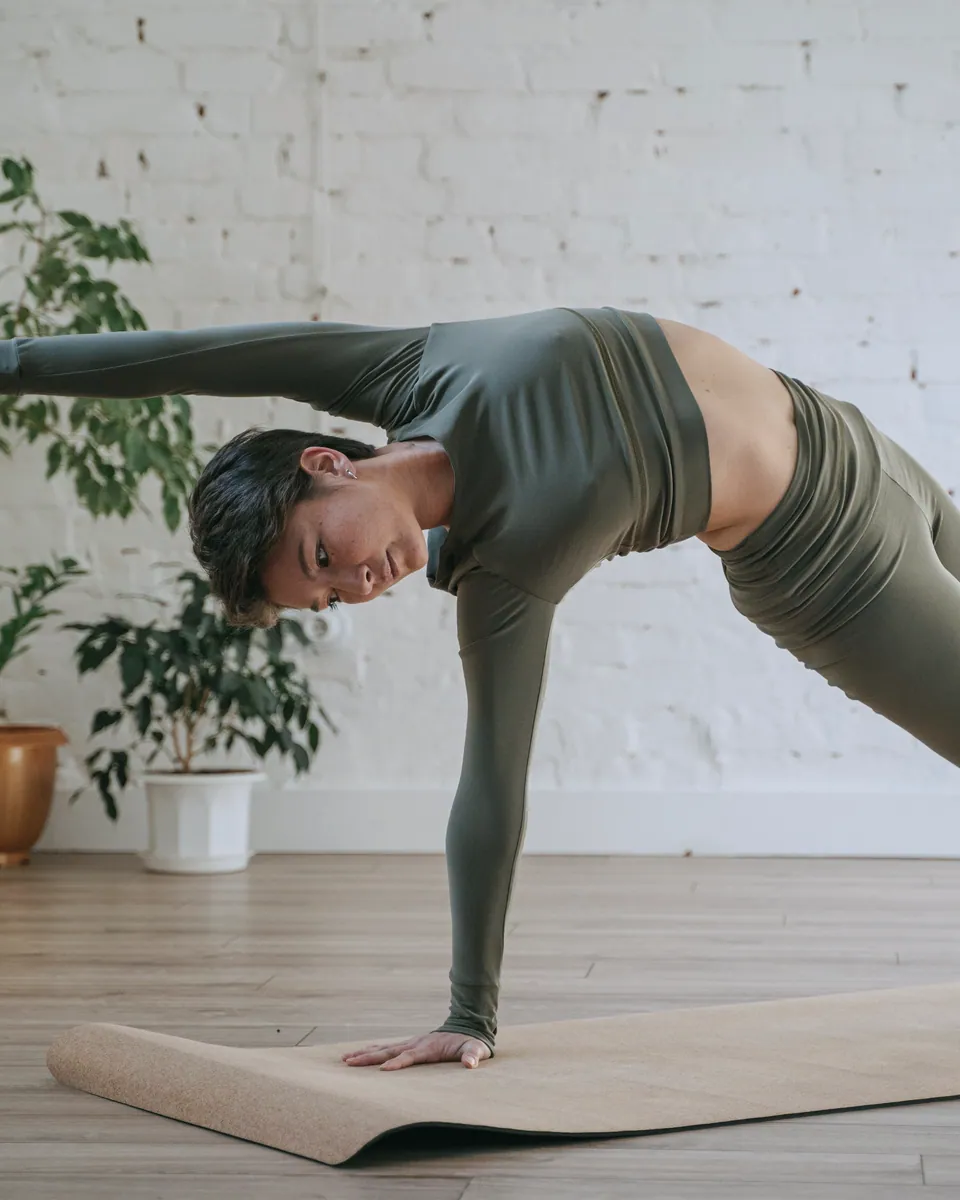 A woman in an olive long-sleeved set holds a triangle pose on a cork mat beside a whitewashed brick wall and potted plants.
